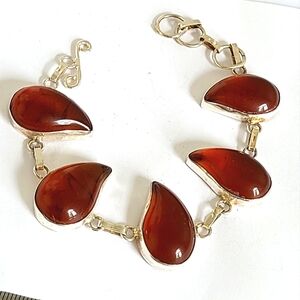 Vintage Boho Chunky Orange Amber Gemstone Sterling Silver Chain Link Bracelet